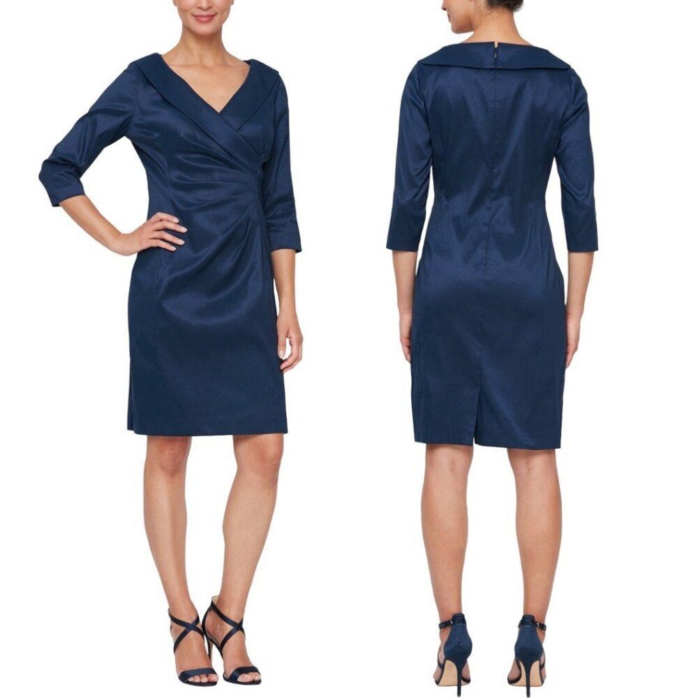 New Alex Evenings Three-Quarter Sleeve Satin Sheath Dress in Blue, 8